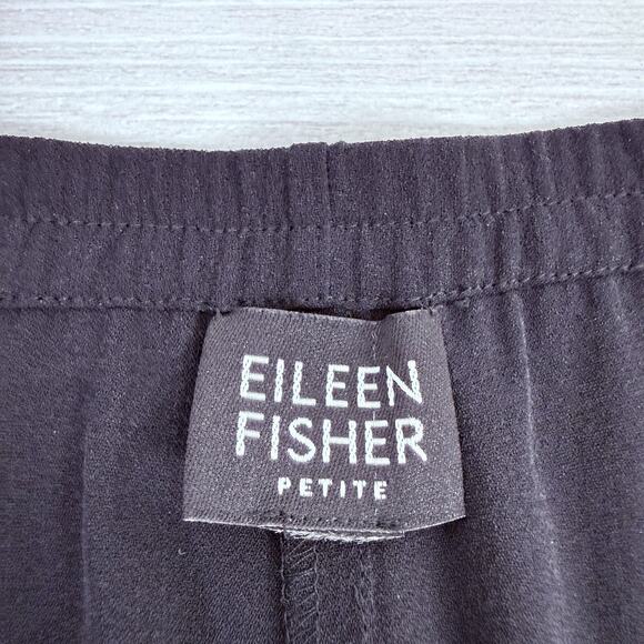 Eileen Fisher 100% Silk Crepe Wide Leg Pants Large Petite Black Pull On Flowy - Picture 7 of 14